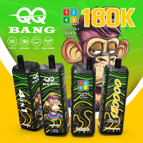 鮮やかな緑と黄色のパッケージには、漫画風の猿が描かれた「QQ BANG 180K」の電子タバコ本体、黒と緑の模様が入ったポッド4個、そしてカラフルな「180K」の文字が施されています。