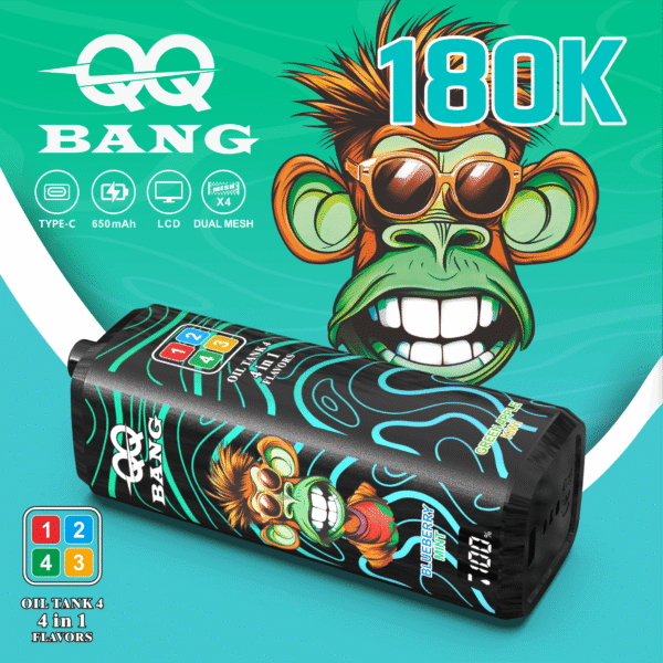 「QQ Bang 180K」オイルのカラフルなパッケージ。サングラスをかけた緑色の猿と、ティール色のアクセントが効いた黒いチューブデザインが特徴。