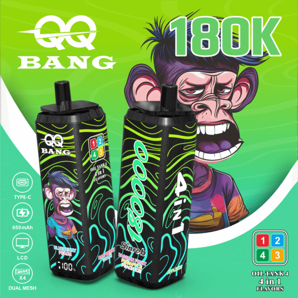 鮮やかな緑とティール色のプロモーション用グラフィック。QQ Bangのオイルタンクをモチーフに、黒とネオングリーンの渦巻き模様、漫画風の猿、そして大胆な「180K」の文字が特徴。左側には4種類のフレーバーのオイルタンクとアイコンが配置されている。