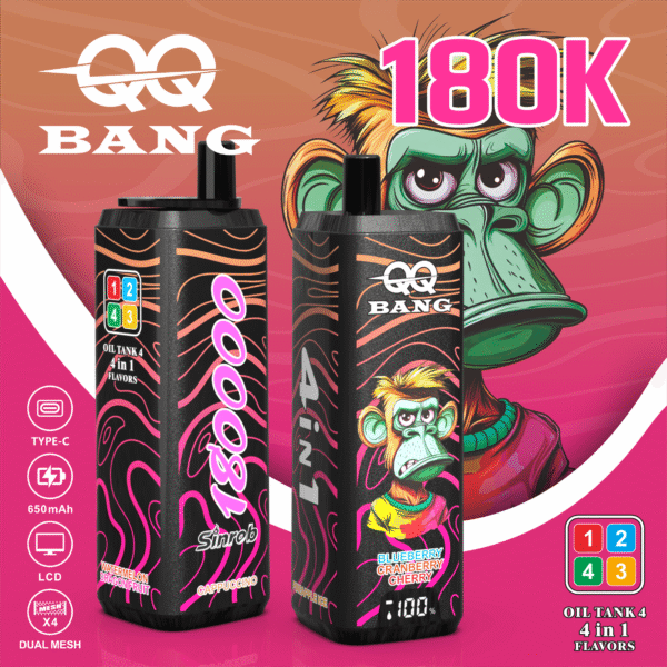 鮮やかなオレンジがかったピンクの背景に、「QQ Bang」と書かれた黒いベイプボトルが2本、カラフルな渦巻き模様、そして漫画風の猿のキャラクターが描かれており、ピンク色の大きな「180K」という文字が配置されている。