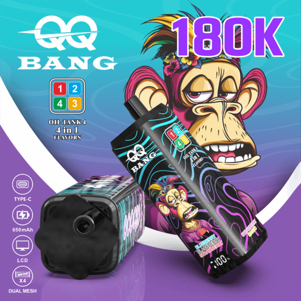 QQ Bangオイルタンク「4 in 1」フレーバーの鮮やかなパッケージデザイン。花を手にした漫画風の猿、紫色の「180K」ラベル、そしてカラフルなグラフィックが施された黒色のフレーバー付きベイプデバイスが特徴となっています。
