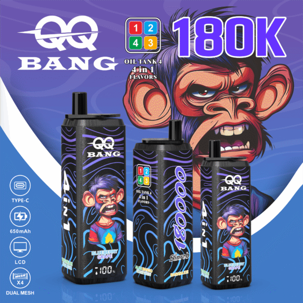 QQ Bangの電子タバコ用ボトルには、青と紫を基調とした鮮やかなパッケージが施されており、渦巻き模様や大きな「180K」の文字、そして漫画風のサルやフレーバー名が描かれたカラフルな前面ラベルが特徴です。
