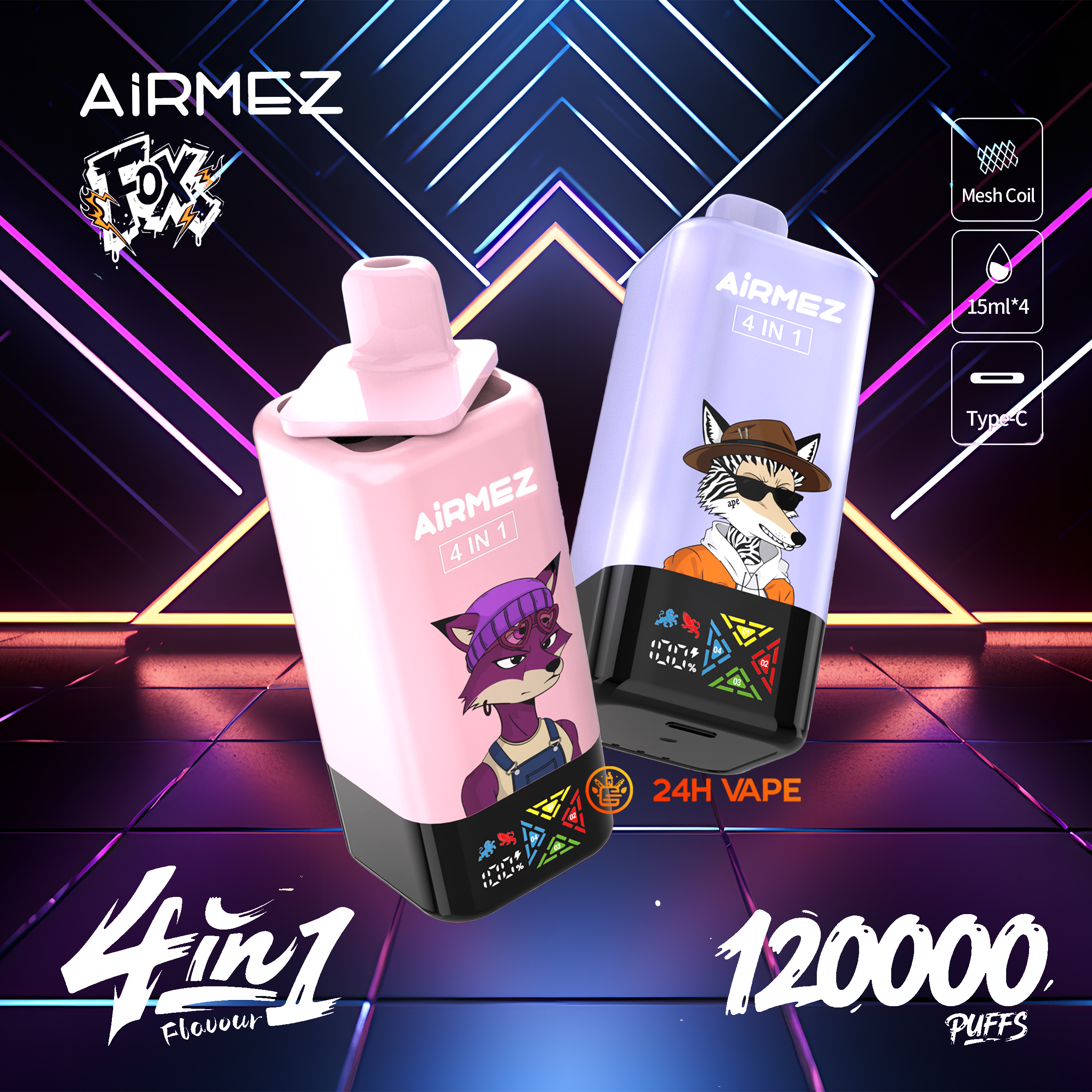 Airmez Fox 120K Puffs 4 in 1 Flavors Newest Original Rechargeable LCD Display Disposable Vape EU Warehouse