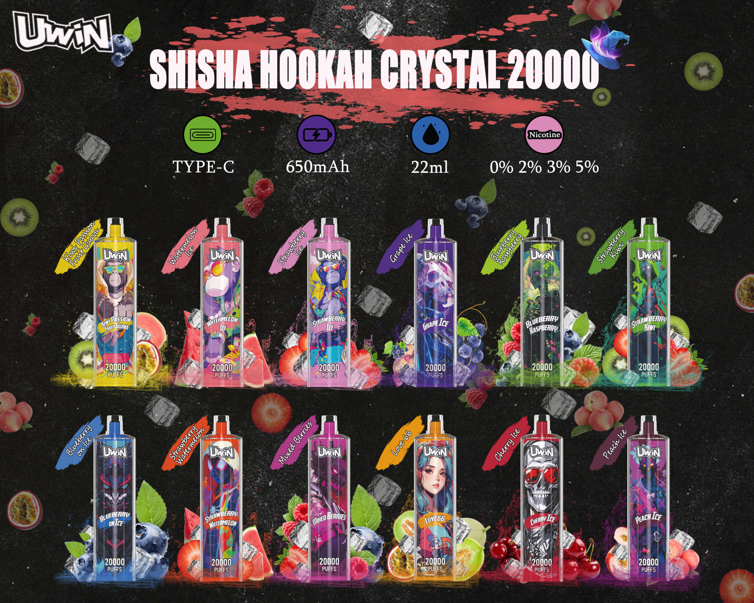 Uwin Shisha Hookah Crystal 20000 20k Puffs Original Edition Rechargeable Disposable Vape