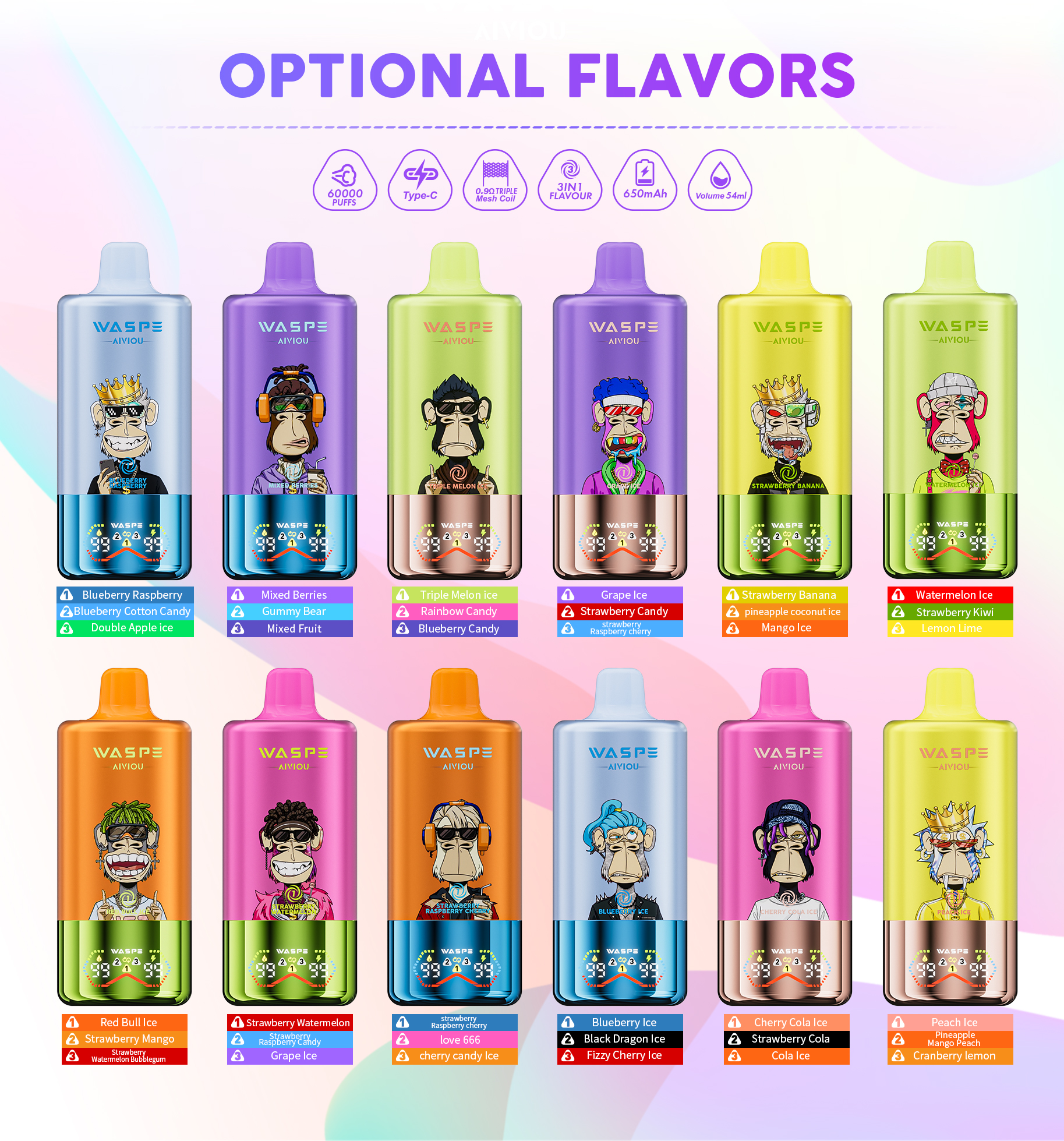 WASPE 60000 60k Puffs 3 in 1 Flavors Newest Original Rechargeable LED Display Disposable Vape - Image 2
