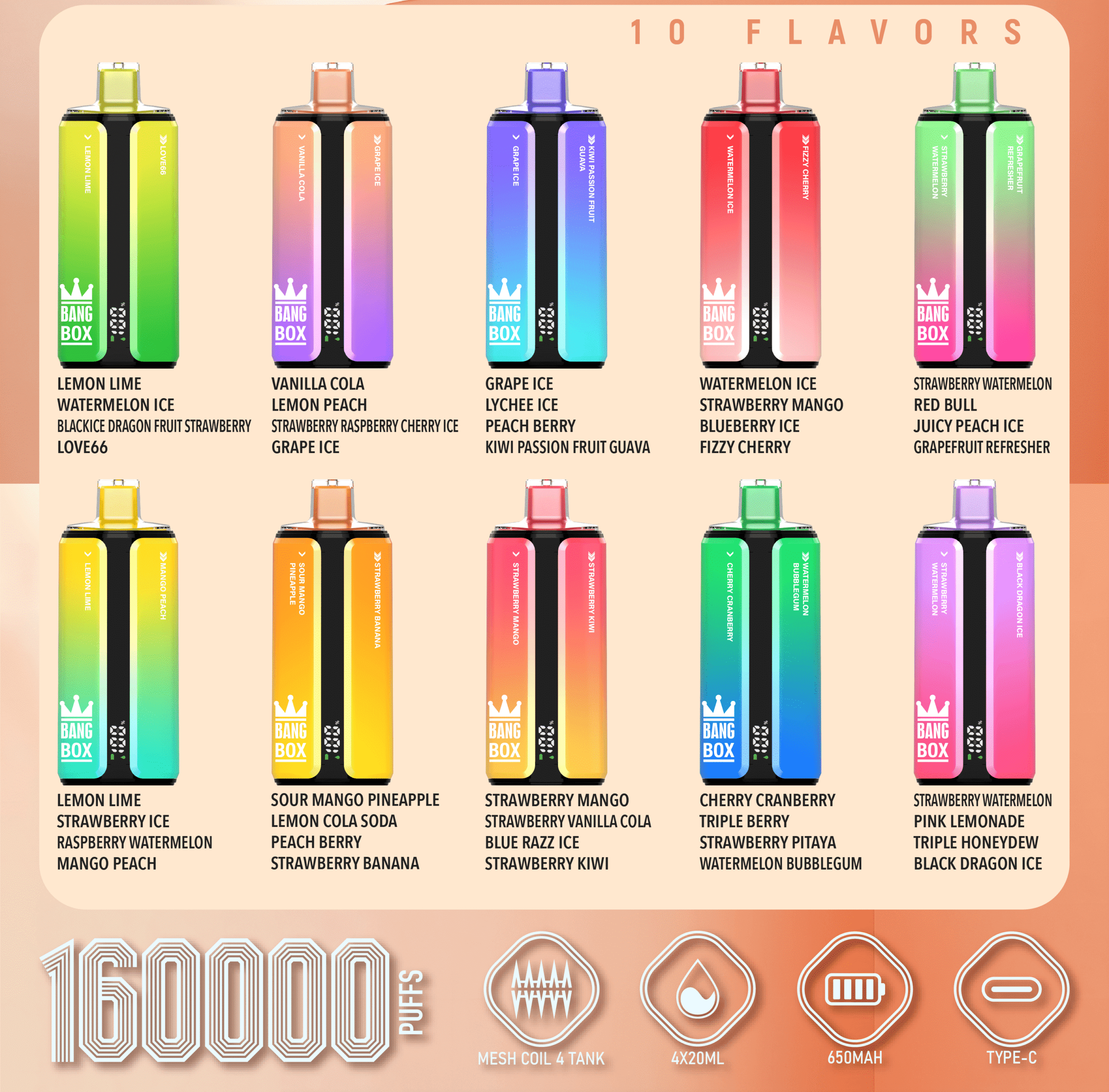 Bang Box 160000 160K Puffs 4 In 1 Flavors Original Rechargeable LED Display Disposable Vape - Image 2