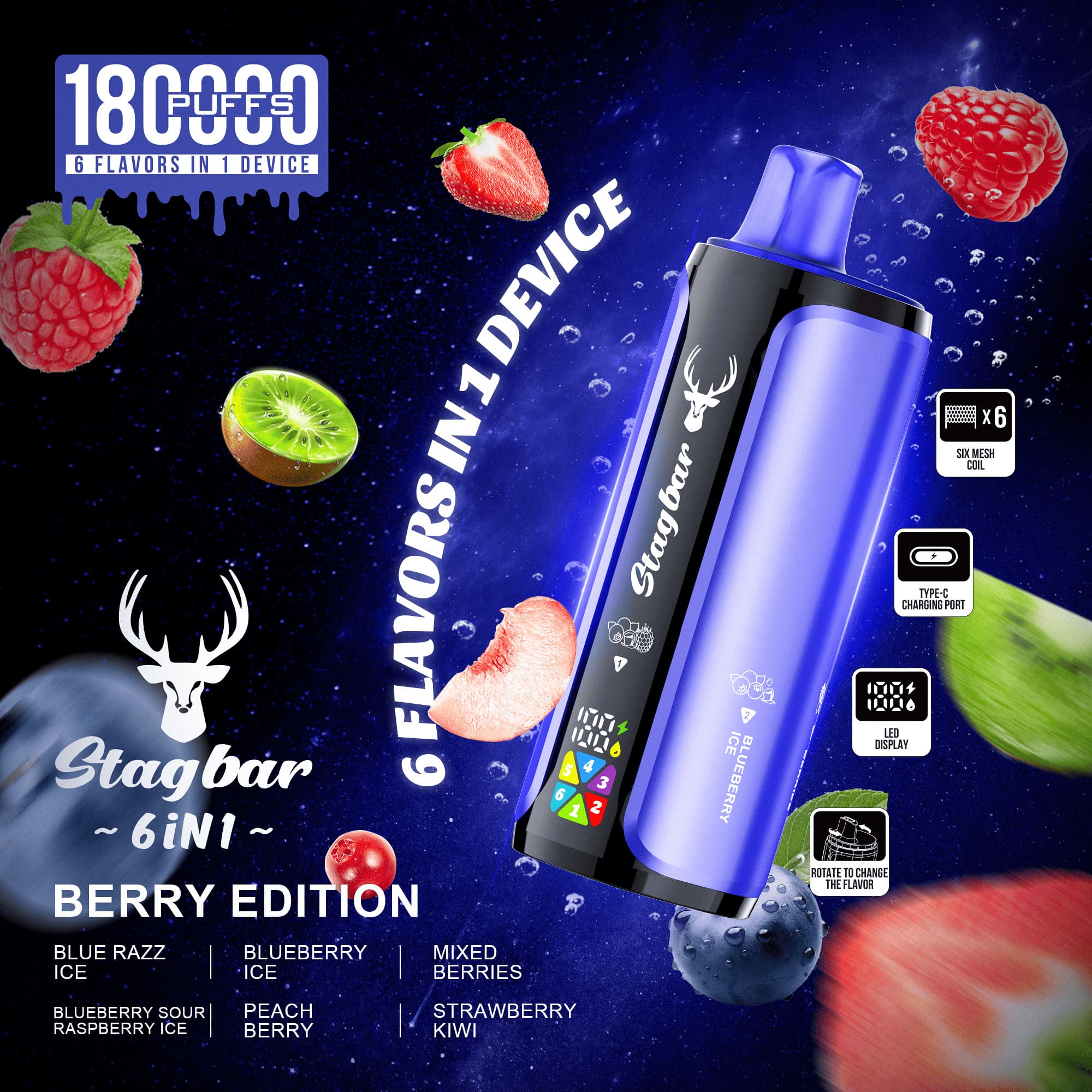 Stag Bar 6in1 180000 180K Puffs Newest Original Rechargeable LED Display Disposable Vape EU Warehouse - Image 2
