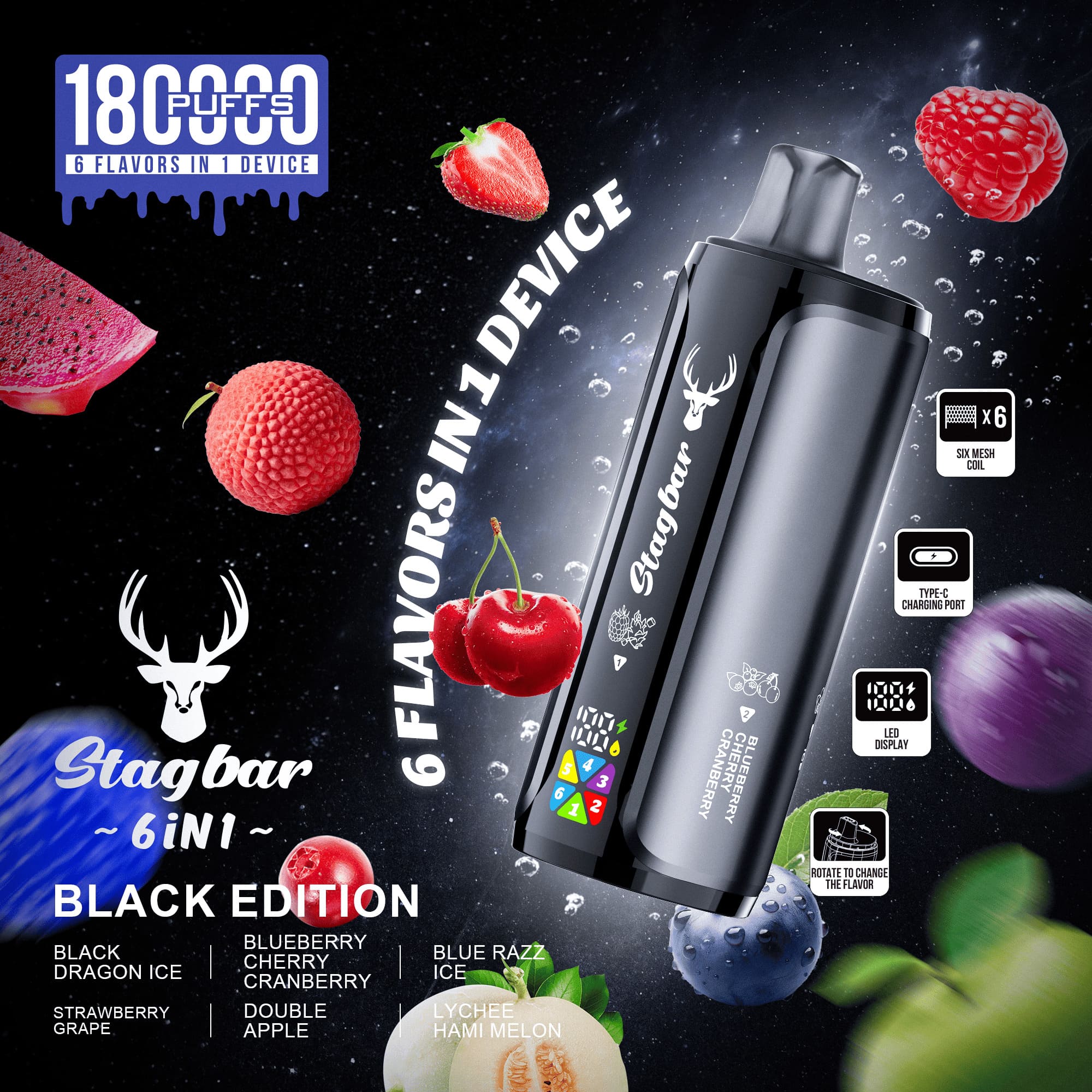 Stag Bar 6in1 180000 180K Puffs Newest Original Rechargeable LED Display Disposable Vape EU Warehouse - Image 3