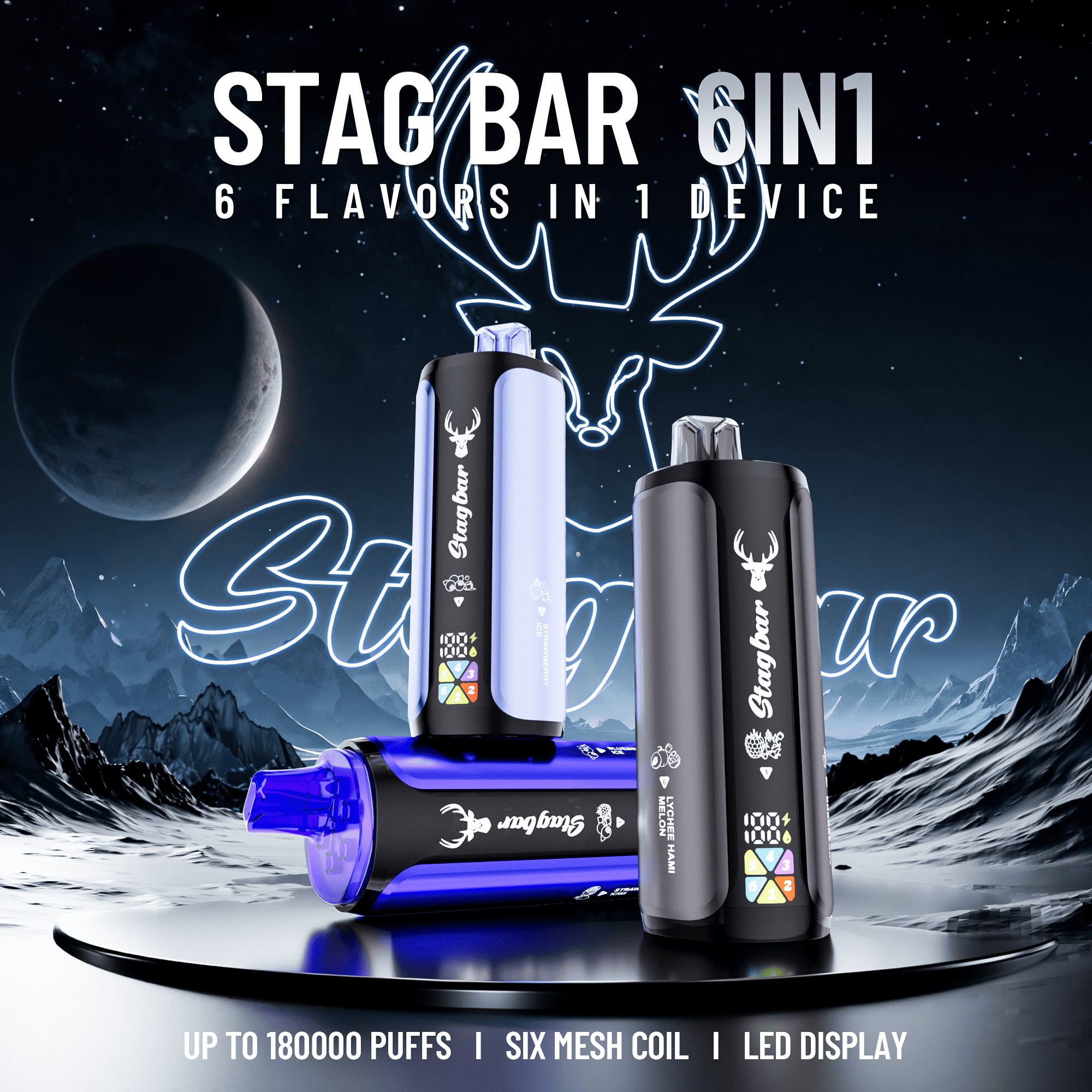 Stag Bar 6in1 180000 180K Puffs Newest Original Rechargeable LED Display Disposable Vape EU Warehouse