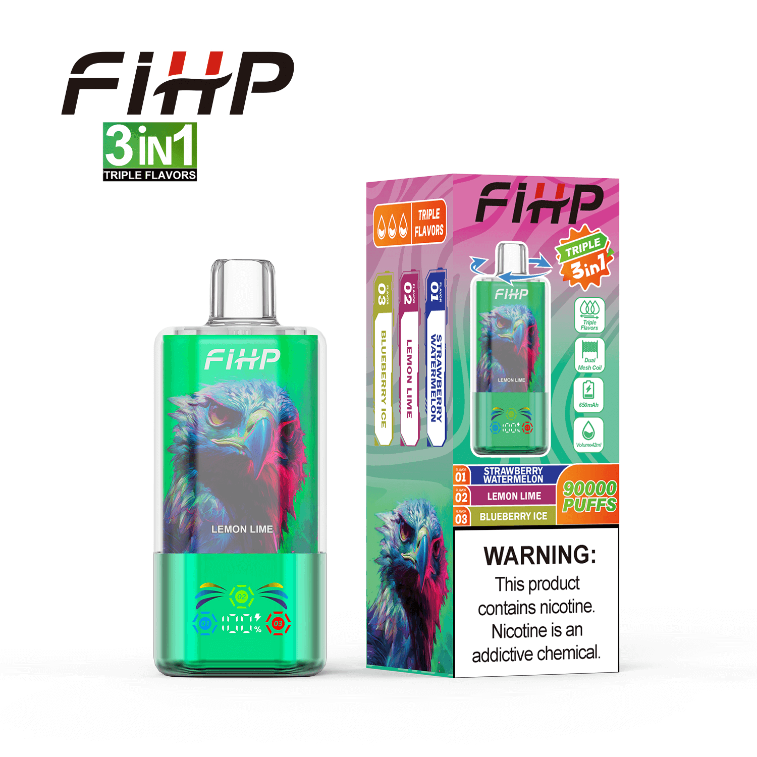 FIHP 90000 90K Puffs 3 in 1 Triple Flavors&LED Screen Original Rechargeable Disposable Vape - Image 6