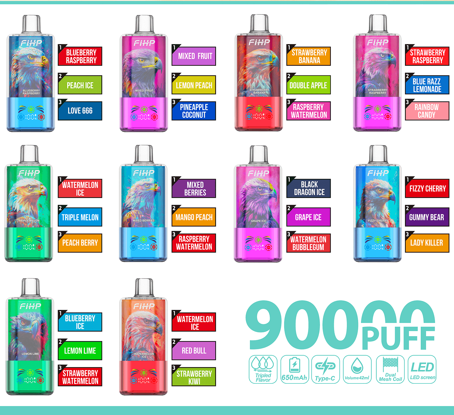 FIHP 90000 90K Puffs 3 in 1 Triple Flavors&LED Screen Original Rechargeable Disposable Vape - Image 2