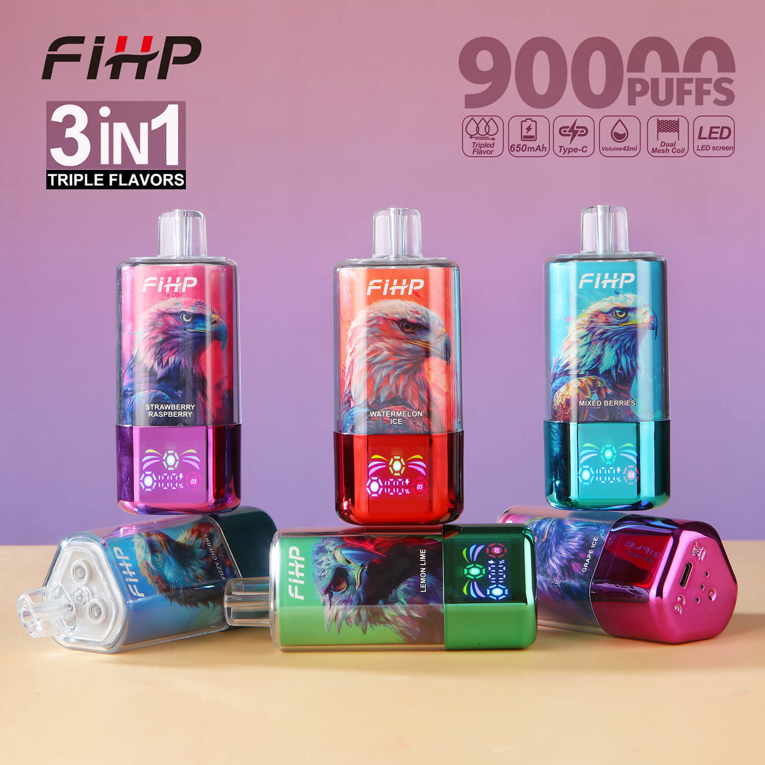 FIHP 90000 90K Puffs 3 in 1 Triple Flavors&LED Screen Original Rechargeable Disposable Vape
