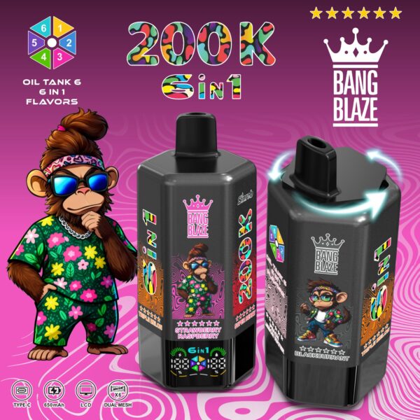 Bang Blaze 200K – Geschmacksrichtungen: Schwarze Johannisbeere / Dreifach-Melone / Erdbeere-Himbeere / Super-Beere / Heidelbeere-Brombeere-Erdbeere / Pfirsich-Zitrone-Wasser