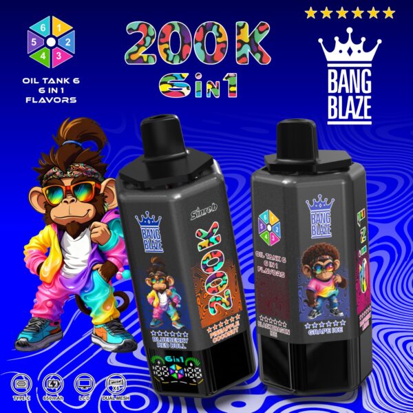 Bang Blaze 200K – Geschmacksrichtungen: Grape Ice / Himbeere-Zitrone / Blaubeere-Red Bull / Ananas-Kokos / Erdbeere-Litschi / Black Dragon Ice