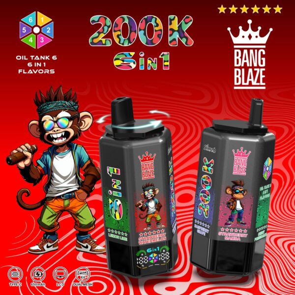 Bang Blaze 200K – Geschmacksrichtungen: Pfirsich-Eis / Zitrone-Limette / Erdbeere-Wassermelone / Himbeere-Traube / Erdbeere-Mamba / Kirsche-Granatapfel