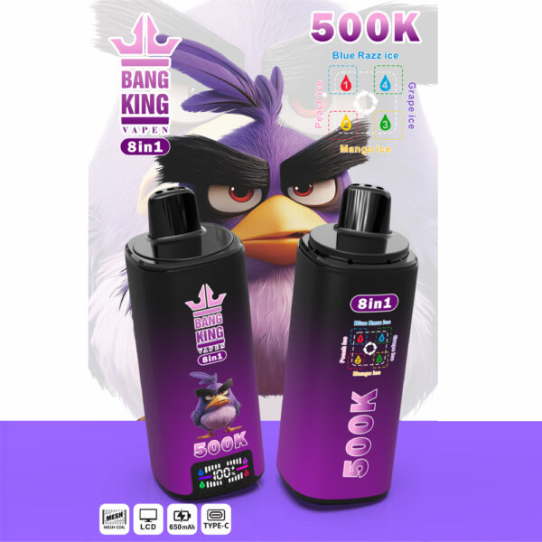 Bang King 500K: opciones de sabor Blue Razz Ice / Peach Ice / Grape Ice / Mango Ice