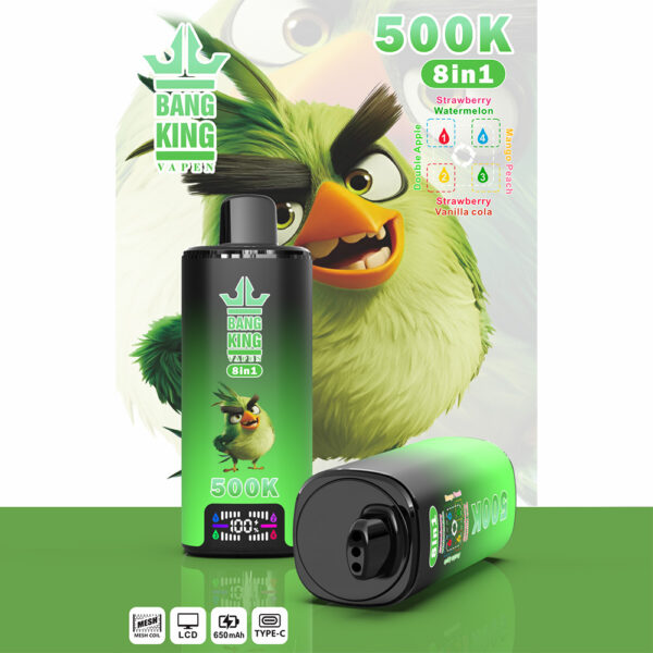 Bang King 500K: opciones de sabor: manzana doble / mango y melocotón / fresa y sandía / fresa, vainilla y Coca-Cola