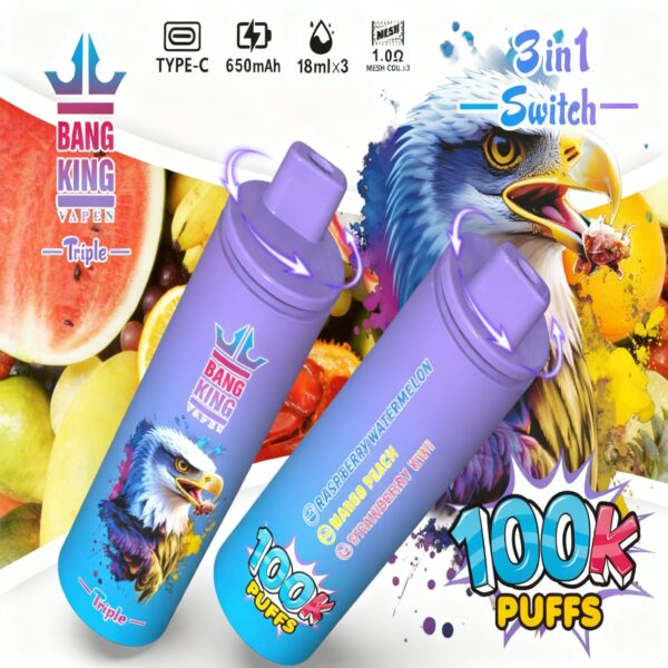Bang King Triple 100K – Geschmacksvarianten: Himbeere-Wassermelone + Mango-Pfirsich + Erdbeere-Kiwi