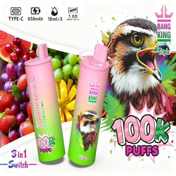 Bang King Triple 100K – Geschmacksvarianten: Erdbeere-Banane + Himbeere-Wassermelone + Zitrone-Limette