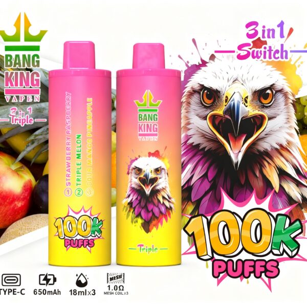 Bang King Triple 100K – Geschmacksvarianten: Erdbeere-Himbeere + Triple Melone + saure Mango-Ananas