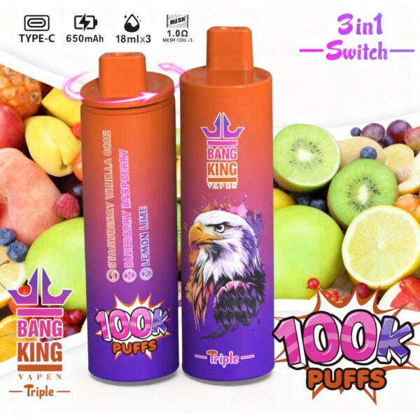 Bang King Triple 100K – Geschmacksvarianten: Erdbeer-Vanille-Cola + Heidelbeere-Himbeere + Zitrone-Limette