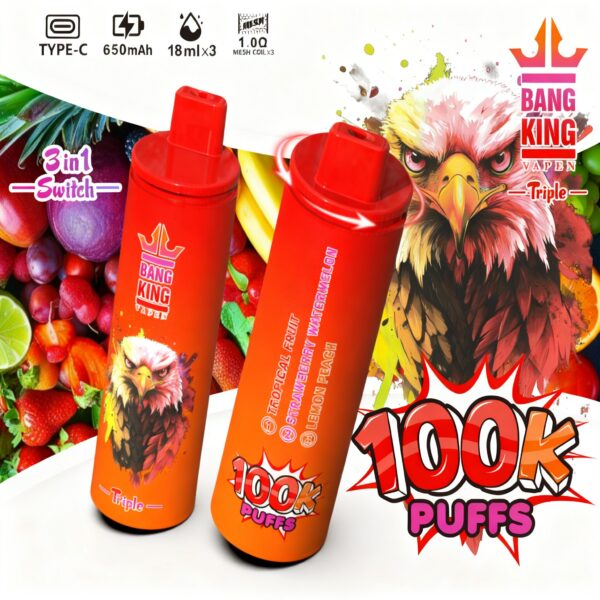 Bang King Triple 100K – Geschmacksvarianten: Tropische Früchte + Erdbeere, Wassermelone + Zitrone, Pfirsich