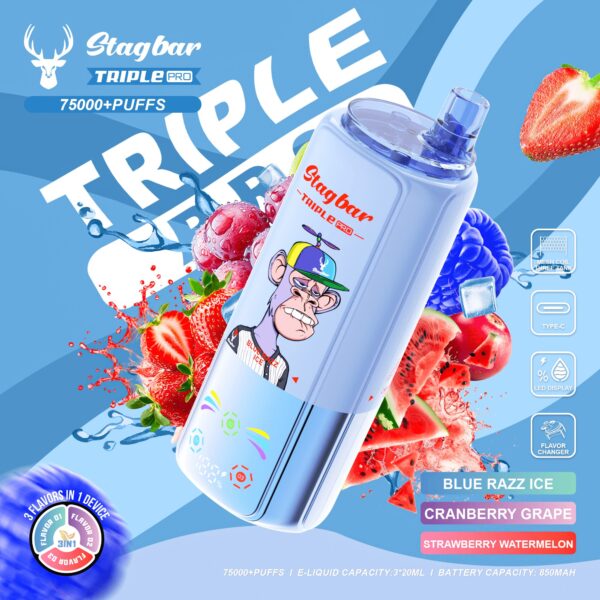 Stag Bar Stagbar Triple Pro 75K Blue Razz Ice / Cranberry Grape / Strawberry Watermelon – smaakopties
