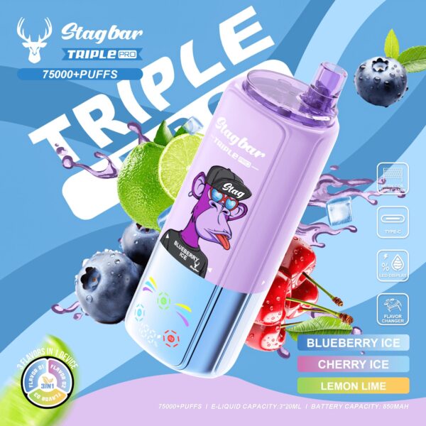 Stag Bar Stagbar Triple Pro 75K, smaakopties: Blueberry Ice / Cherry Ice / Lemon Lime