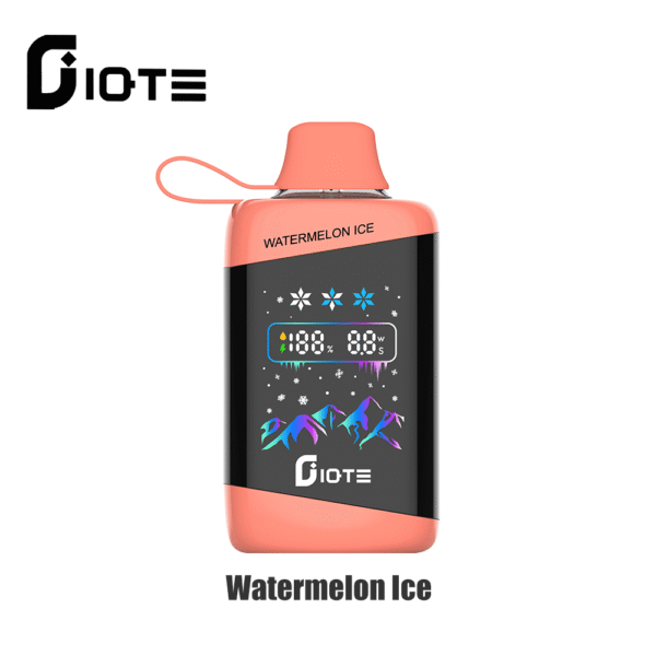 Ein elegantes elektronisches E-Zigaretten-Gerät mit der Aufschrift „Watermelon Ice“, dargestellt vor einem weißen Hintergrund, mit einem hellkorallenfarbenen oberen Teil, einem schwarzen Mittelteil, einem digitalen Display und dem Markenlogo „Diote“.