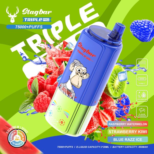 Stag Bar Stagbar Triple Pro 75K Framboos-watermeloen / Aardbei-kiwi / Blue Razz Ice – smaakopties