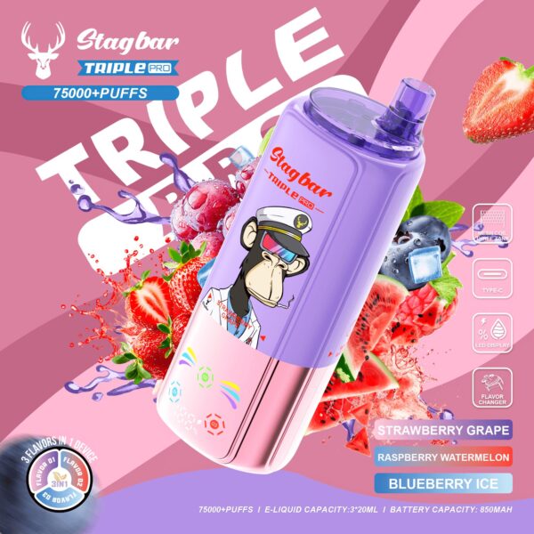 Stag Bar Stagbar Triple Pro 75K, smaakopties: aardbei-druif / framboos-watermeloen / bosbes-ijs