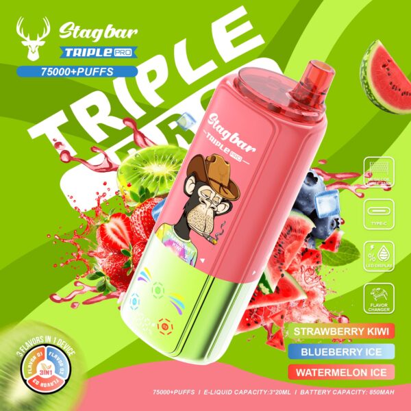 Stag Bar Stagbar Triple Pro 75K, smaakopties: aardbei-kiwi / bosbes-ijs / watermeloen-ijs
