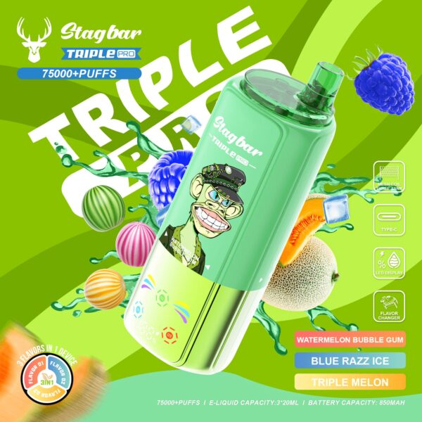 Stag Bar Stagbar Triple Pro 75K, smaakopties: Watermelon Bubble Gum / Blue Razz Ice / Triple Melon