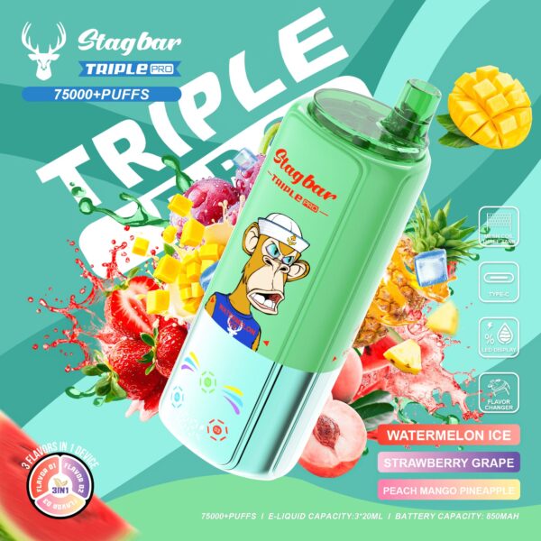 Stag Bar Stagbar Triple Pro 75K, smaakopties: Watermeloen-ijs / Aardbei-druif / Perzik-mango-ananas