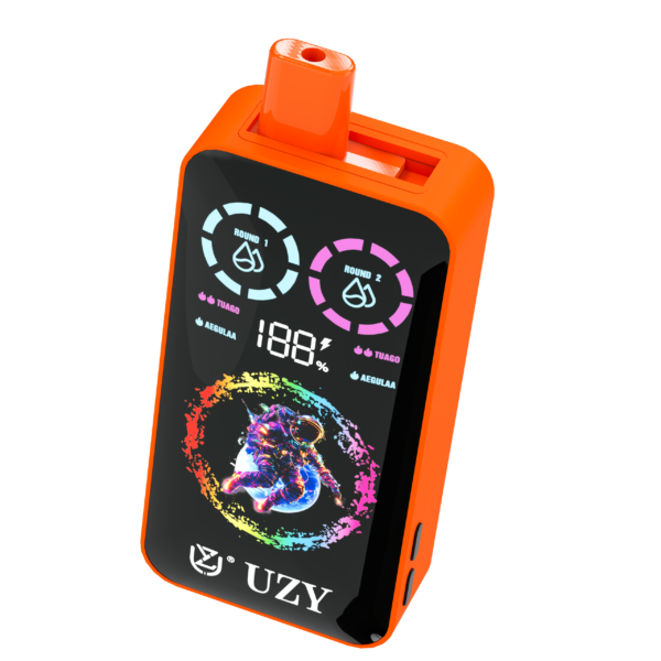 Orangefarbenes elektronisches E-Zigaretten-Gerät mit digitaler Anzeige für den Akkustand, zwei Anzeigedrehreglern und einer farbenfrohen Astronauten-Grafik, versehen mit dem UZY-Logo.