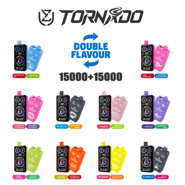 Produktpräsentation der „Tornado“-Einweg-E-Zigaretten mit zwei Geschmacksrichtungen, verschiedenen Geschmackskombinationen und farbenfroher Verpackung, wobei die Gesamtanzahl der Züge von 15.000 + 15.000 hervorgehoben wird.