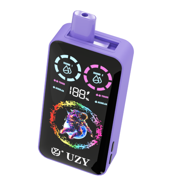Lila elektronisches Vaping-Gerät mit einem digitalen Display, das den Akkustand in Prozent, den Flüssigkeitsstand, eine farbenfrohe Astronauten-Grafik und den Markennamen UZY anzeigt.