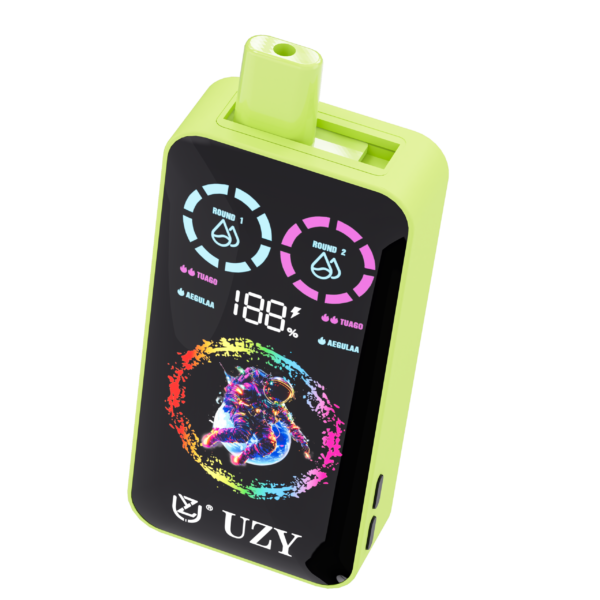 Ein limettengrünes Einweg-Vape-Gerät mit einem digitalen Display, das den Akkustand in Prozent anzeigt, zwei Anzeigedrehreglern und einer farbenfrohen Astronauten-Grafik über dem „UZY“-Markenlogo.