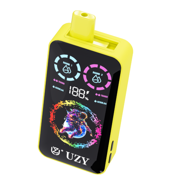 Gelbes elektronisches E-Zigaretten-Gerät mit einem digitalen Display, auf dem zwei Füllstandsanzeigen, der Akkustand in Prozent sowie eine farbenfrohe Astronauten-Grafik über dem Markennamen „UZY“ zu sehen sind.