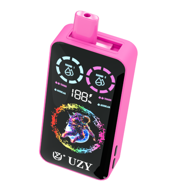 Rosa elektronisches E-Zigaretten-Gerät mit einem digitalen Display, das den Akkustand und die Einstellungen anzeigt, sowie einer farbenfrohen Astronauten-Grafik auf der Vorderseite mit der Aufschrift „UZY“.