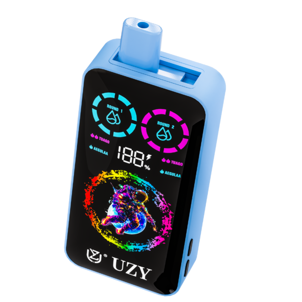 Blaues elektronisches E-Zigaretten-Gerät mit einem digitalen Display, auf dem zwei Geschmacksanzeigen, der Akkustand in Prozent, eine farbenfrohe Astronauten-Grafik sowie der Markenname „UZY“ zu sehen sind.