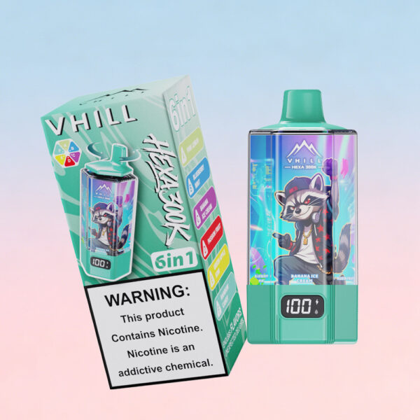 VHILL HEXA 300K : choix de saveurs : citron rose / myrtille-menthe / glace à la banane / fruit de la passion / pomme verte-kiwi / bonbons arc-en-ciel