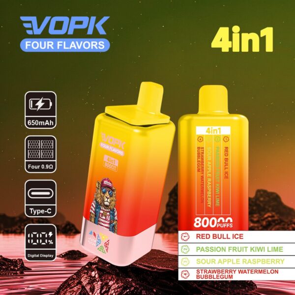 VOPK Quattro gusti 80K: Red Bull Ice / Frutto della passione, kiwi e lime / Mela acida e lampone / Fragola, anguria e gomma da masticare