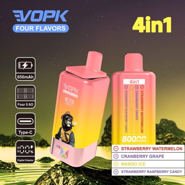 VOPK Four Flavors 80K: fragola e anguria / mirtillo rosso e uva / mango ghiacciato / fragola e lampone (variante gusto caramella)