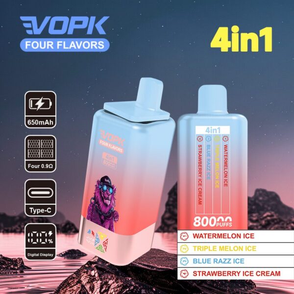 VOPK Four Flavors 80K: opzioni di gusto Anguria ghiacciata / Triplo melone ghiacciato / Blue Razz ghiacciato / Gelato alla fragola