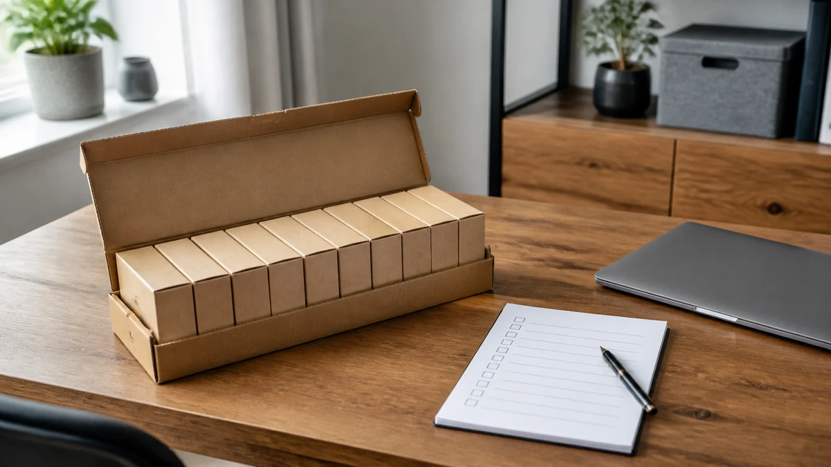 Illustrative small-order review desk with ten identical unbranded cartons, a checklist and a laptop