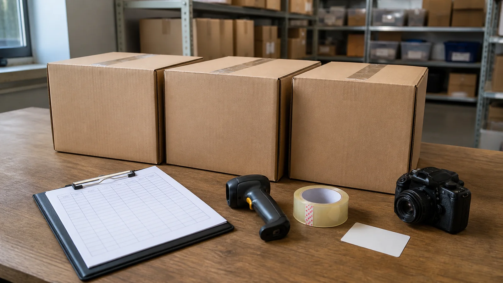 Illustrative shipment receiving desk with plain cartons, an inspection sheet, scanner, tape and camera