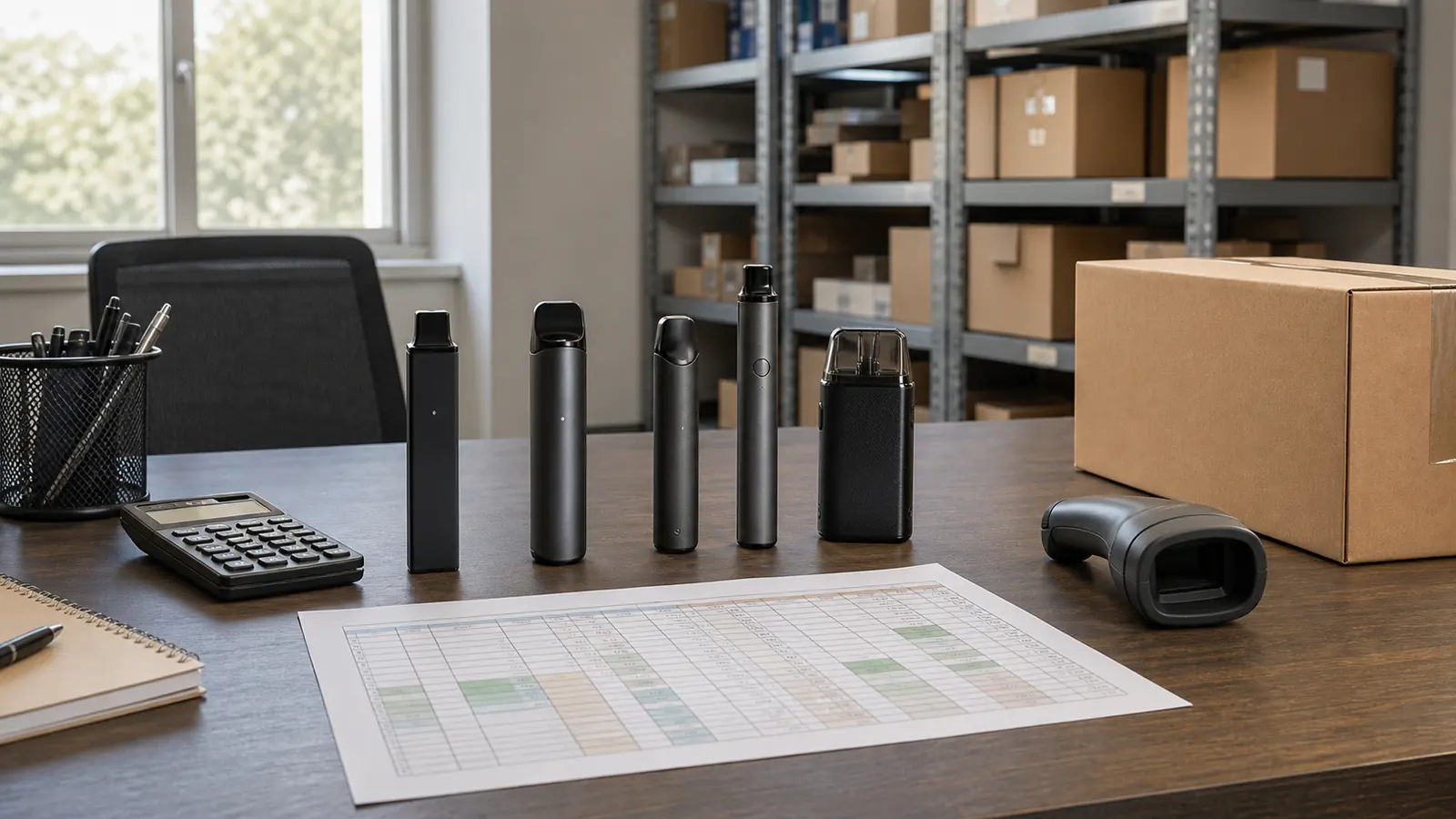 Illustrative wholesale vape assortment planning desk with a SKU worksheet, calculator and inventory tools